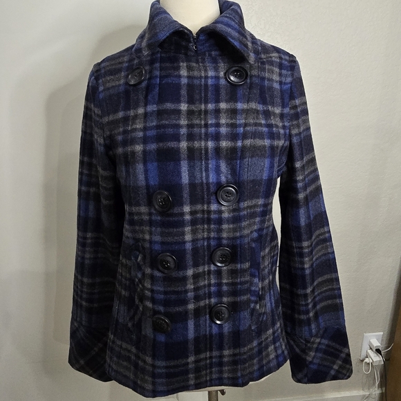 Aeropostale Women's Navy and Gray Plaid Peacoat - Picture 3 of 6